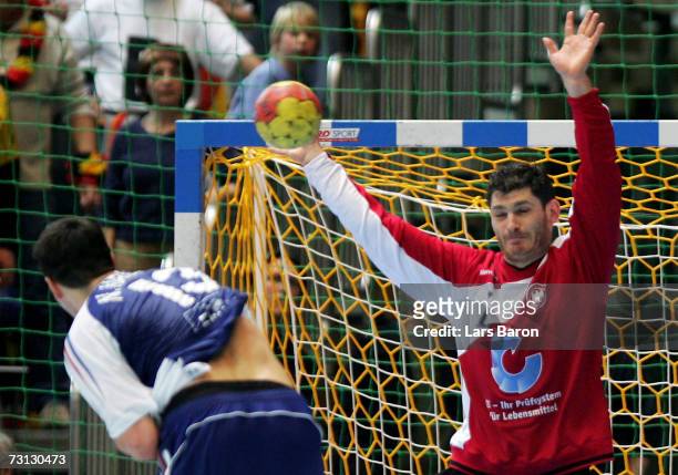 Henning Fritz saves the last shot of Nikola Karabatic of France during the Men's Handball World Championship Group I game between Germany and France...