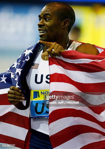 Milton Campbell of United States celebrates during the Norwich Union International Athletics meeting at the Kelvin Hall January 27, 2007 in Glasgow,...