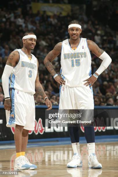 Allen Iverson and Carmelo Anthony of the Denver Nuggets during the game against the New Jersey Nets on January 27, 2007 at the Pepsi Center in...