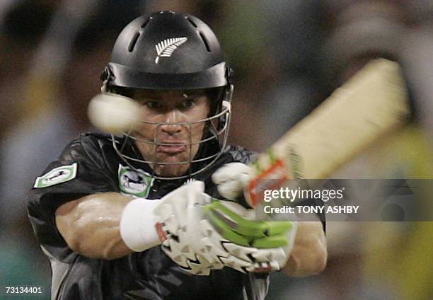 New Zealand batsman Jacob Oram cuts a ball at the WACA during the One Day International match against Australia in Perth, 28 January 2007. Australia...