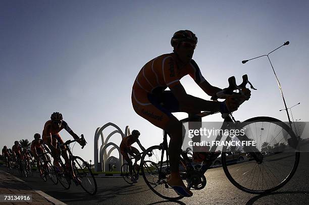 Members of Dutch team Rabobank ride their bicycles during the first stage of the 6th edition of the Tour of Qatar cycling race, a team time-trial, in...