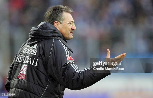 Harry Deutinger head coach of Unterhaching gives instructions during the Second Bundesliga match between MSV Duisburg and Spvgg Unterhaching at the...