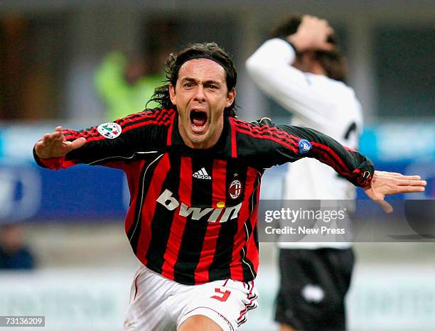 Filippo Inzaghi of AC Milan celebrates scoring during the Serie A match between AC Milan and Parma at Stadio Giuseppe Meazza, January 28, 2007 in...