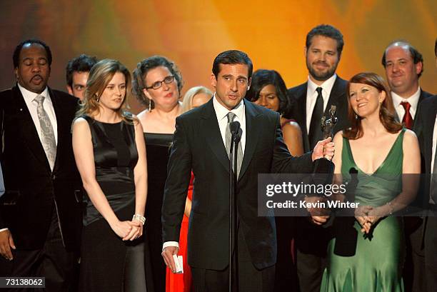 The cast and crew of "The Office" accept the Outstanding Ensemble in a Comedy Series award onstage at the 13th Annual Screen Actor Guild Awards held...