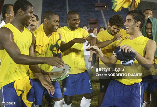 Brazil's Anderson Marques Luiz Adriano Souza Da Silva Fabiano Oliveira Alexandre Pato Rodrigues and Roberto Andrade Silva celebrates after winner of...