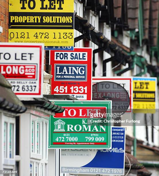For Sale and To Let boards advertise properties in Selly Oak on 29 January, 2007 in Birmingham, England, House prices in Britain are to rise by up to...