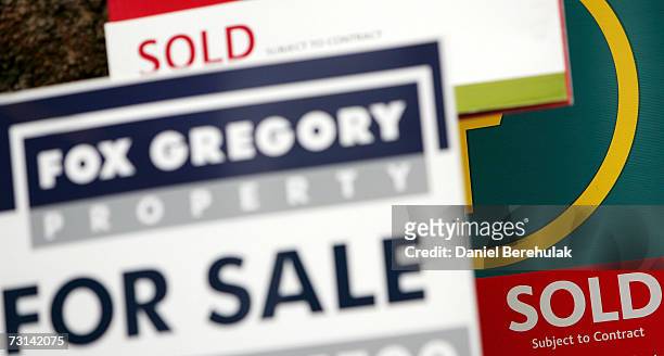 For Sale signs are pictured on January 29, 2007 in London, England. Despite recent interest rate rises, UK house prices are expected to rise by...