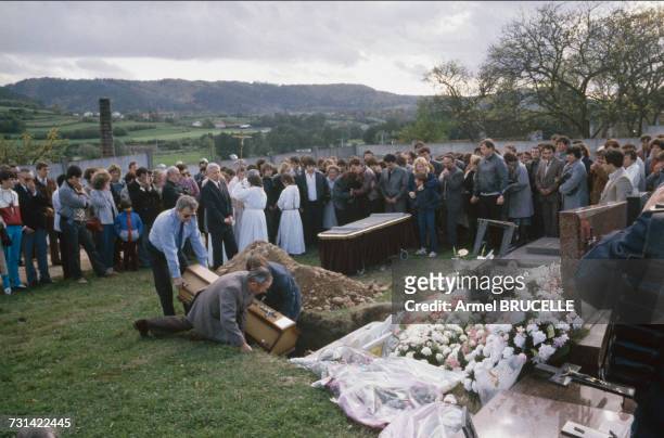 The funeral of murdered four year-old boy Grégory Villemin takes place in Lepanges Sur Vologne, Vosges, France, 19th October 1984. At centre are...