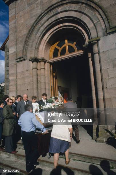 The funeral of murdered four year-old boy Grégory Villemin takes place in Lepanges Sur Vologne, Vosges, France, 19th October 1984.