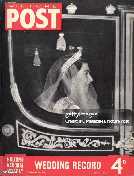 The cover of a special royal wedding edition of Picture Post magazine, showing Princess Elizabeth arriving at Westminster Abbey in the Irish State...