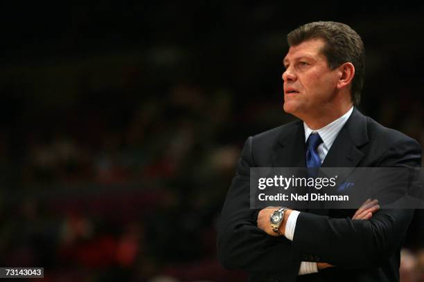 Head coach Geno Auriemma of the University of Connecticut Huskies watches the action from the bench against the St. John's University Red Storm at...