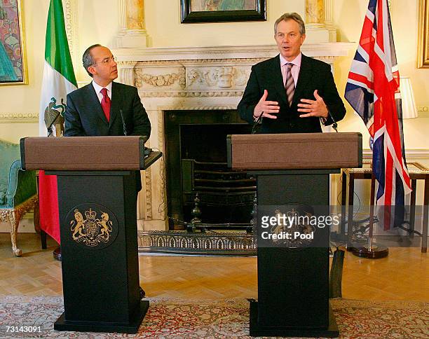 British prime Minister Tony Blair addresses a press conference with Mexican President Felipe Calderon at 10 Downing Street, on January 29, 2007 in...