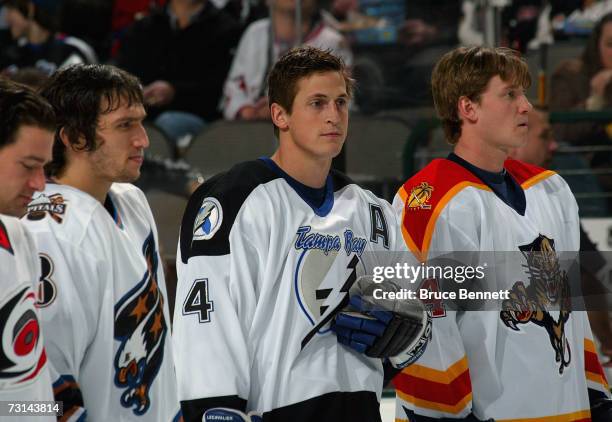 Eastern Conference All-Stars Justin Williams of the Carolina Hurricanes, Alexander Ovechkin of the Washington Capitals, Vincent Lecavalier of the...