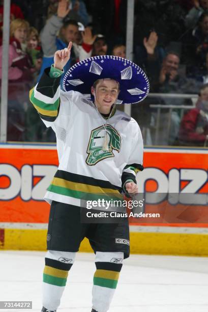 Patrick Kane of the London Knights wears the Traditional "Hat Trick" Sombrero in game against the Toronto St. Michael's Majors played at the John...