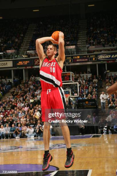 Joel Przybilla of the Portland Trail Blazers shoots against the Sacramento Kings at Arco Arena on January 6, 2007 in Sacramento, California. The...