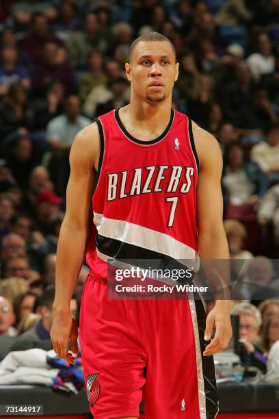 Brandon Roy of the Portland Trail Blazers looks on against the Sacramento Kings at Arco Arena on January 6, 2007 in Sacramento, California. The...