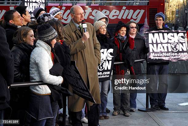 In this handout provided by Music Nation, the Music Nation Choir talk on-air with CBS' The Early Show anchor Harry Smith in mid town Manhattan on...