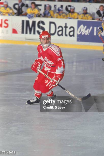 Canadian professional ice hockey player Ralph Intranuovo skates on the ice for Team Canada at the World Junior Ice Hockey Championships, Gavle,...