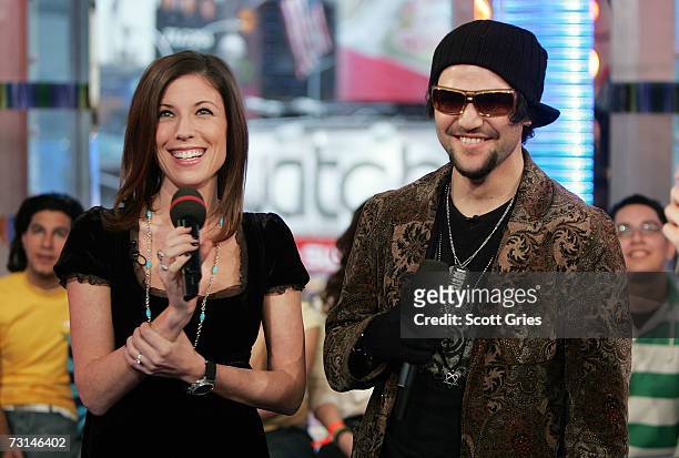 Pro skaterboarder Bam Margera and his fiance Melissa "Missy" Rothstein appear onstage during MTV's Total Request Live at the MTV Times Square Studios...