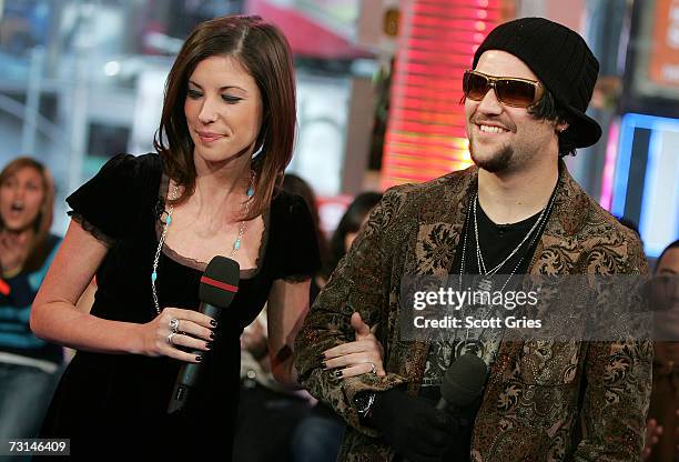 Pro skaterboarder Bam Margera and his fiance Melissa "Missy" Rothstein appear onstage during MTV's Total Request Live at the MTV Times Square Studios...