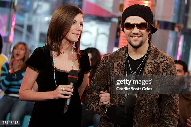 Pro skaterboarder Bam Margera and his fiance Melissa "Missy" Rothstein appear onstage during MTV's Total Request Live at the MTV Times Square Studios...