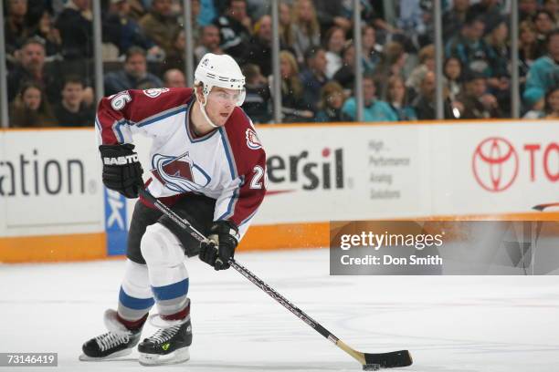 Paul Stastny of the Colorado Avalanche skates with the puck during a game against the San Jose Sharks on January 15, 2007 at the HP Pavilion in San...