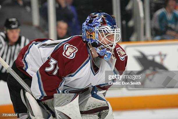 Peter Budaj of the Colorado Avalanche readies for a faceoff during a game against the San Jose Sharks on January 15, 2007 at the HP Pavilion in San...