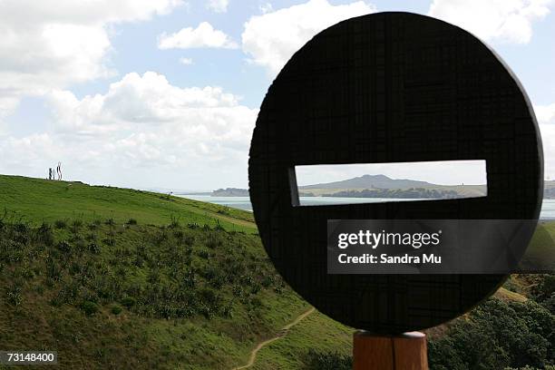 The sea around us' sculpture by Charlotte frames Rangitoto Island is displayed as part of the Sculpture on the Gulf at Waiheke Island, January 30,...