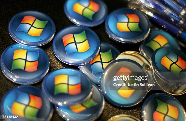 Buttons with the Microsoft logo are seen at a Comp USA store January 29, 2007 in San Francisco, California. More than five years in the making,...