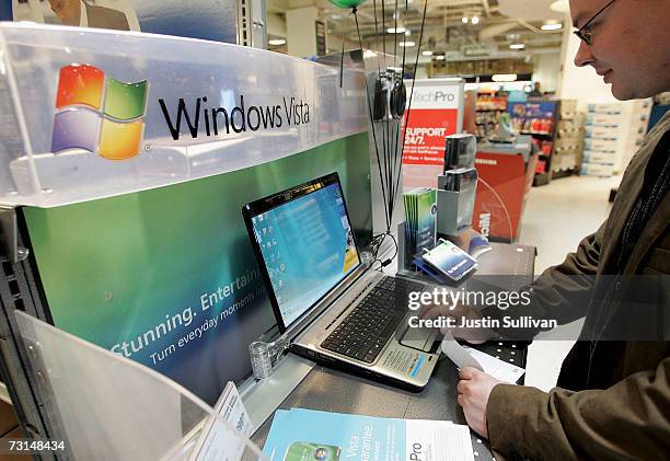 Comp USA tests a laptop running the new Microsoft Vista operating system January 29, 2007 in San Francisco, California. More than five years in the...