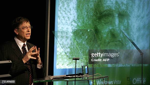 London, UNITED KINGDOM: Bill Gates, Chairman of Microsoft Corporation, adddresses a European launch of the Windows Vista operating system at the...