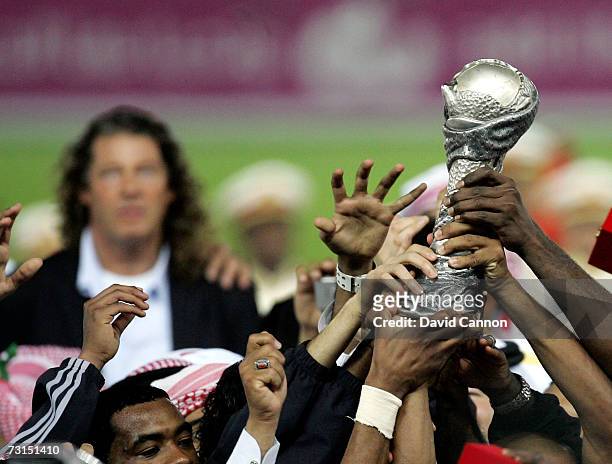 The United Emirates team lift the trophy after the final of the Arabian Gulf Cup between United Arab Emirates and Oman, in the Zayed Sports City...
