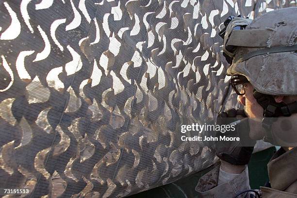 Marine Cpl. Paul Limberg, of Evansville, Indiana, looks through camoflauged netting from a guard post January 30, 2007 atop the Government Center in...