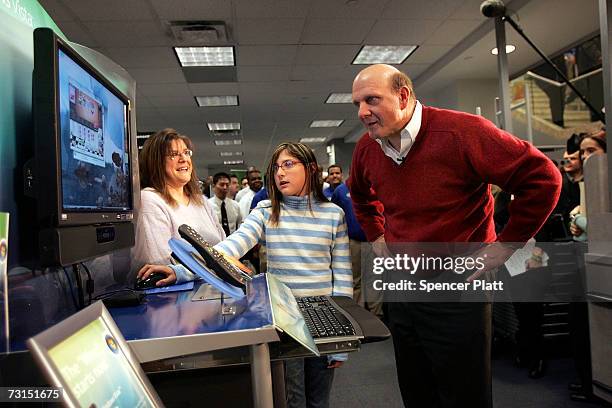 Steve Ballmer, Chief Executive Officer of Microsoft Corporation, visits a Best Buy store and watches Cassidy Mason demonstrate the new Windows Vista...