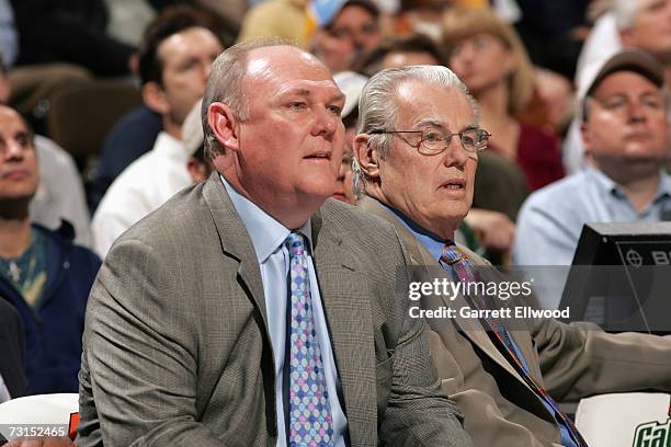 Head coach George Karl and assistant coach Doug Moe of the Denver Nuggets sit on the bench during the NBA game against the Atlanta Hawks on December...