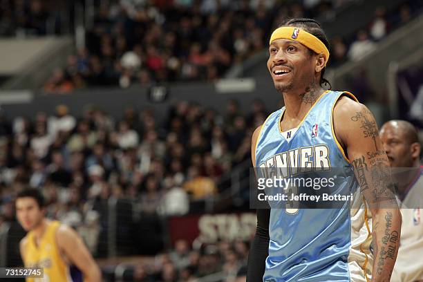Allen Iverson of the Denver Nuggets stands on the court during the NBA game against the Los Angeles Lakers on January 5, 2007 at Staples Center in...