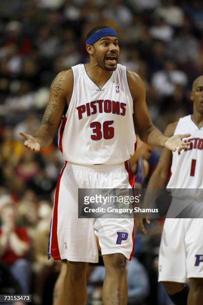 Rasheed Wallace of the Detroit Pistons reacts during the game against the Sacramento Kings on January 20, 2007 at the Palace of Auburn Hills in...