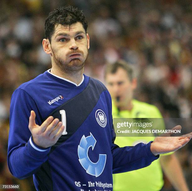 Germany's goalkeeper Henning Fritz gestures during the Spain vs Germany quarter-final match of the 2007 Handball World Championship at the Koeln...