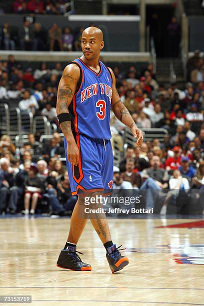 Stephon Marbury of the New York Knicks walks across the court during the game against the Los Angeles Clippers on December 31, 2006 at Staples Center...