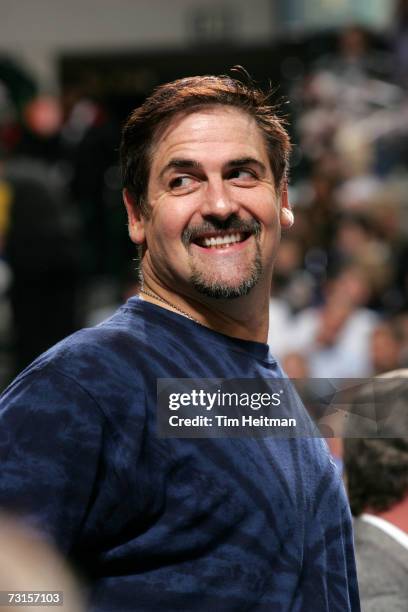 Owner Mark Cuban of the Dallas Mavericks smiles during the game against the Houston Rockets on January 16, 2007 at the American Airlines Center in...