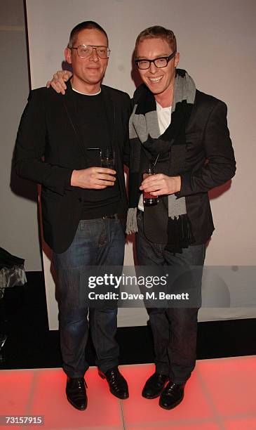 Giles Deacon and Stuart Vevers attend the launch party for new range of bags created by Mulberry for Giles, at Harvey Nichols on January 30, 2007 in...