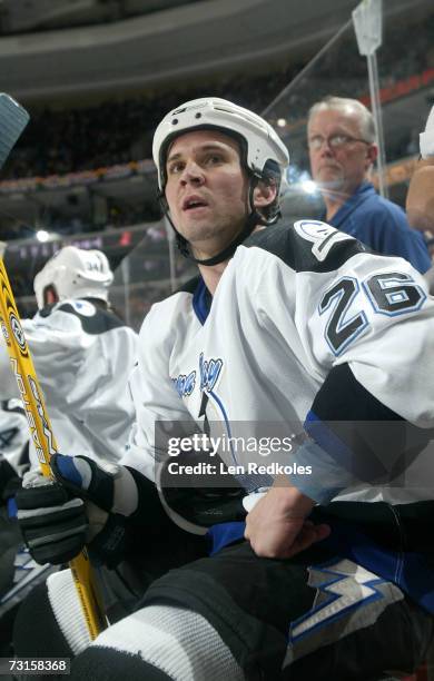 Martin St. Louis of the Tampa Bay Lightning looks on from the bench against the Philadelphia Flyers on January 30, 2007 at the Wachovia Center in...