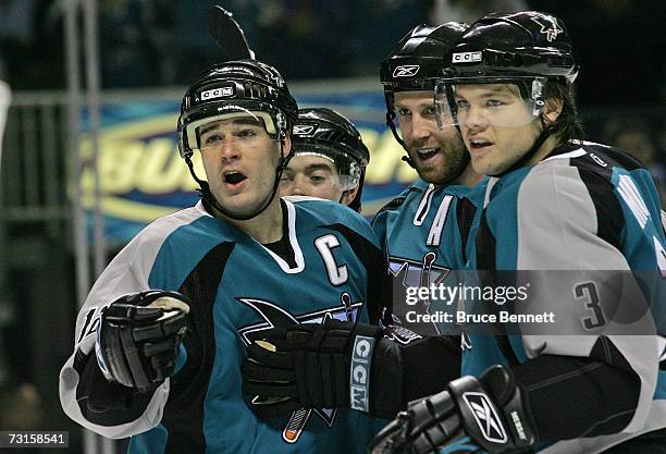 Captain Patrick Marleau of the San Jose Sharks celebrates his second period goal against the Dallas Stars on January 30, 2007 at the HP Pavilion in...