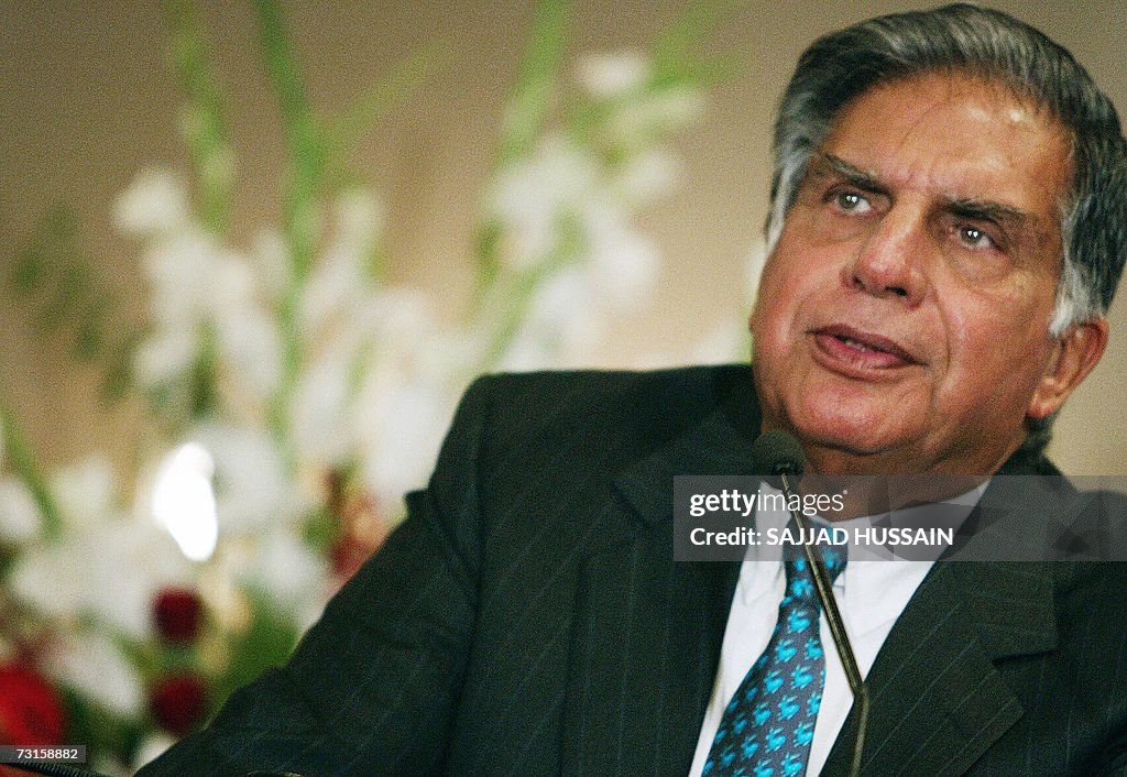 Tata chairman Ratan Tata addresses a pre...