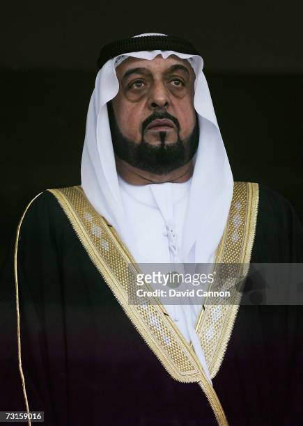 Sheikh Khalifa Bin Zayed Al Nahyan, President of the UAE, stands during the national anthems before the final of the Arabian Gulf Cup between United...
