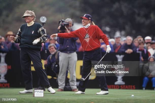 English golfer Laura Davies and Kelly Robbins of the USA, during the Solheim Cup golf tournament at St. Pierre Hotel & Country Club, Chepstow, Wales,...