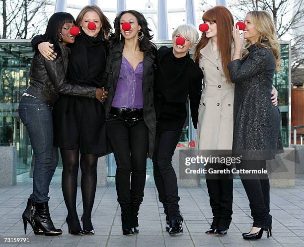 Keisha Buchanan, Kimberley Walsh, Amelie Berrabah, Sarah Harding, Nicola Roberts and Heidi Range launch Red Nose Day at The British Airways London...