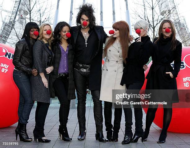 Keisha Buchanan, Heidi Range, Amelie Berraba, Russell Brand, Nicola Roberts, Sarah Harding and Kimberley Walsh launch Red Nose Day at The British...