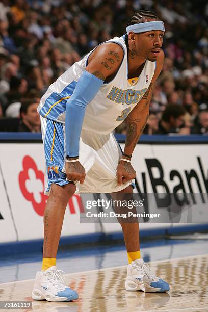 Allen Iverson of the Denver Nuggets stands on the court during the NBA game against the Memphis Grizzlies at the Pepsi Center on January 22, 2007 in...