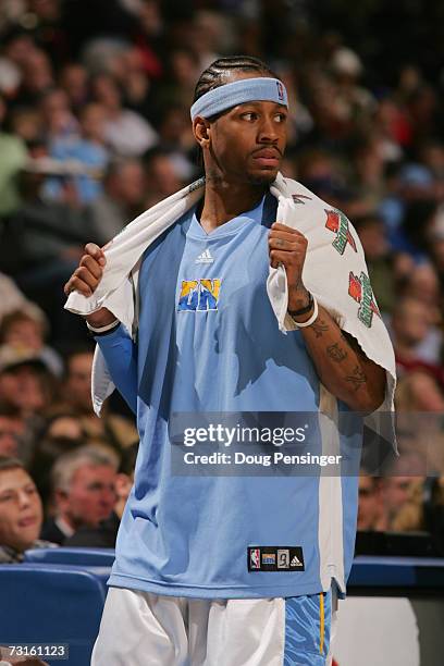 Allen Iverson of the Denver Nuggets stands on the sideline during the NBA game against the Memphis Grizzlies at the Pepsi Center on January 22, 2007...
